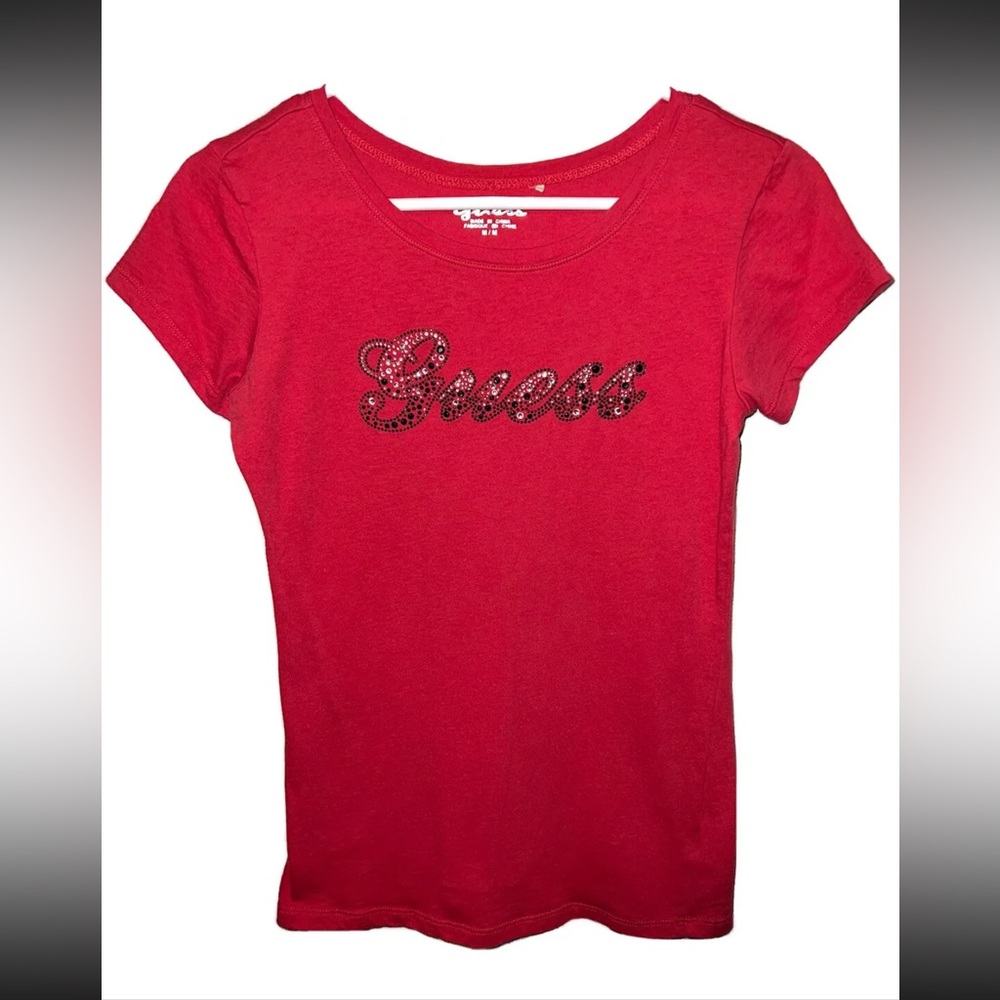 Red Y2K GUESS Rhinestone Logo Tee Embellished Shirt Womens JRS Sz M Party Top